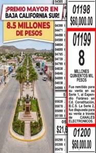 Extracto de la pizarra oficial del Sorteo Superior No. 2895 de la Lotería Nacional, donde se ratifica al número 01199 con 8.5 millones de pesos asignados en su Serie 1 para Ciudad Constitución, B.C.S.