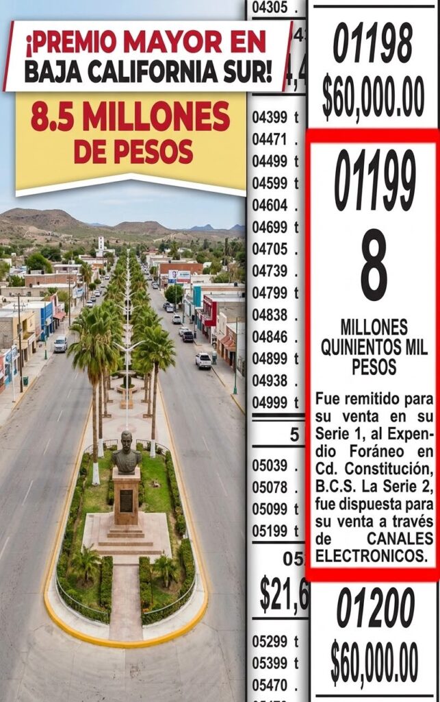 Extracto de la pizarra oficial del Sorteo Superior No. 2895 de la Lotería Nacional, donde se ratifica al número 01199 con 8.5 millones de pesos asignados en su Serie 1 para Ciudad Constitución, B.C.S.