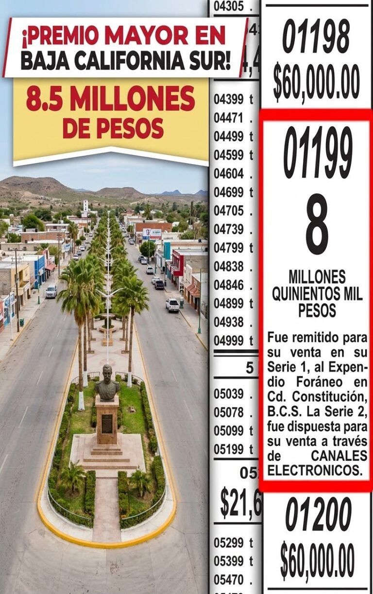 Extracto de la pizarra oficial del Sorteo Superior No. 2895 de la Lotería Nacional, donde se ratifica al número 01199 con 8.5 millones de pesos asignados en su Serie 1 para Ciudad Constitución, B.C.S.